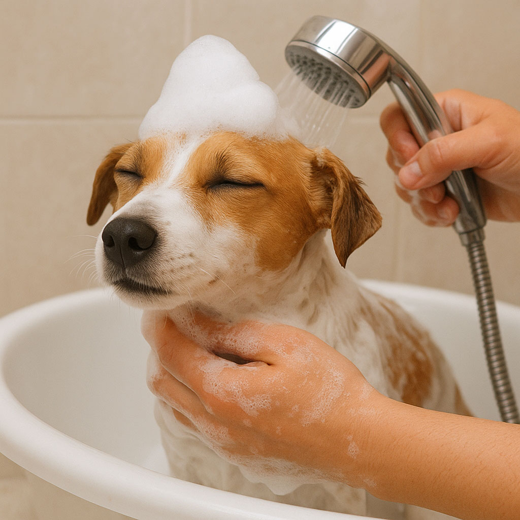 A jack russell being rinsed in a tub, eyes closed