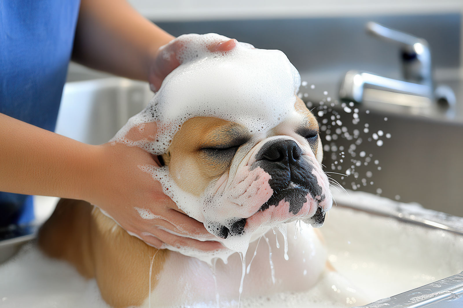 Gentle washing of a bulldog’s face
